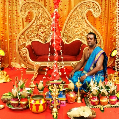 Open layout with floral baskets for Akshathai blessings ceremony by Pranaya Weddings Chennai
