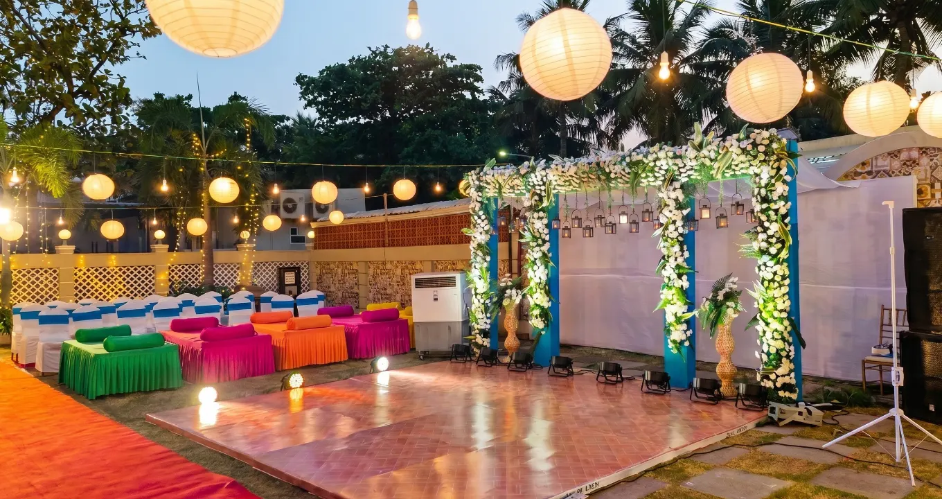 Stunning beach outdoor wedding decoration arranged by destination wedding planners in Chennai
