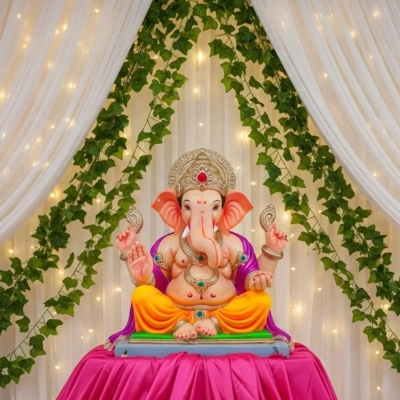 Sacred Ganapathi Pooja corner with traditional lamps & floral decor by Pranaya Weddings Chennai
