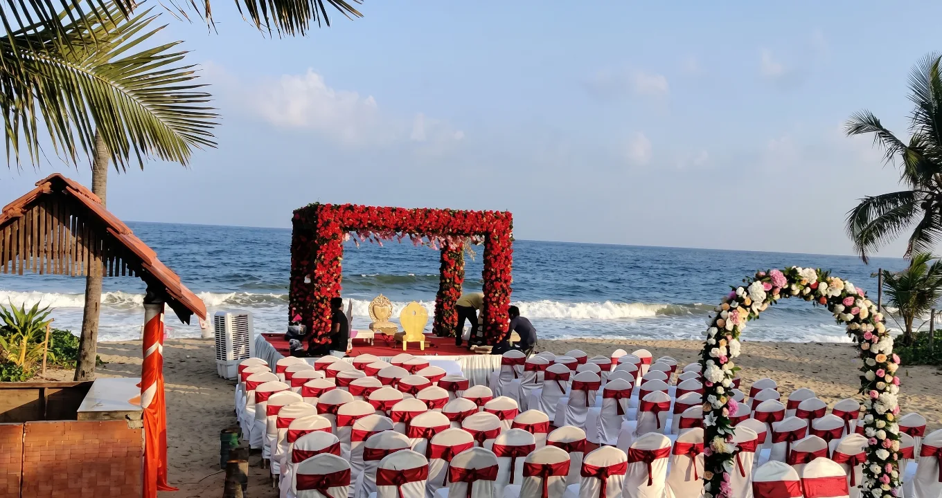 Beautiful outdoor destination wedding decoration setup coordinated by Pranaya Weddings Chennai
