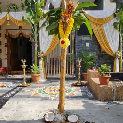 Sacred Panda Kaal Muhurtham setup with banana stems & brass elements by Pranaya Weddings Chennai
