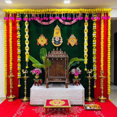 Calm & traditional Satyanarayana Pooja prayer setting by Pranaya Weddings Chennai
